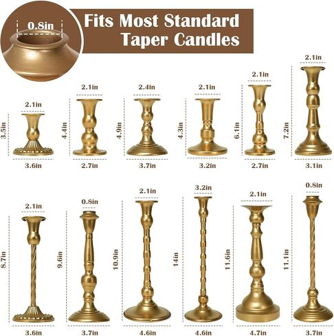 12 Pcs Gold Vintage Taper Candlestick Holders Set for Table Centerpiece Assorted Metal Candle Holder in Different Type Antique Candle Sticks for Wedding Dining Room Fireplace Mantel Home Decor in Saudi Arabia