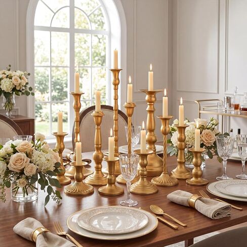 12 Pcs Gold Vintage Taper Candlestick Holders Set for Table Centerpiece Assorted Metal Candle Holder in Different Type Antique Candle Sticks for Wedding Dining Room Fireplace Mantel Home Decor in Saudi Arabia