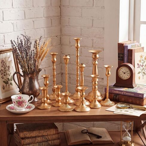 12 Pcs Gold Vintage Taper Candlestick Holders Set for Table Centerpiece Assorted Metal Candle Holder in Different Type Antique Candle Sticks for Wedding Dining Room Fireplace Mantel Home Decor in Saudi Arabia