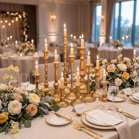 12 Pcs Gold Vintage Taper Candlestick Holders Set for Table Centerpiece Assorted Metal Candle Holder in Different Type Antique Candle Sticks for Wedding Dining Room Fireplace Mantel Home Decor in Saudi Arabia