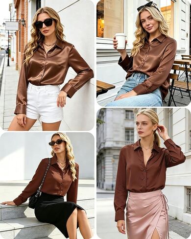 Satin Blouses for Women, Long Sleeve Tops for Women, Silk Button Down Shirts Soft Silky Business Casual Work Outfits Top, Brown, M in Kuwait