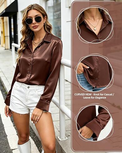 Satin Blouses for Women, Long Sleeve Tops for Women, Silk Button Down Shirts Soft Silky Business Casual Work Outfits Top, Brown, M in Kuwait