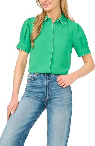 CeCe Women's Trimmed Short Sleeve Collared Button Up Blouse in Kuwait