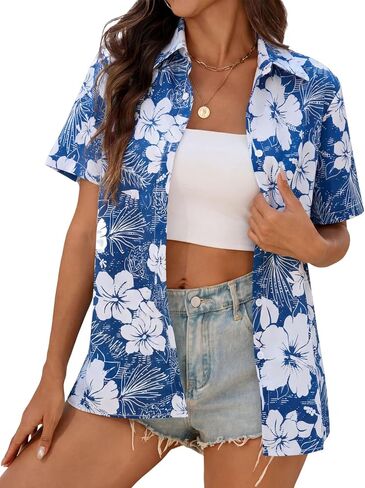 Hawaiian Shirts for Women Tropical Button Short Sleeve Top in Saudi Arabia