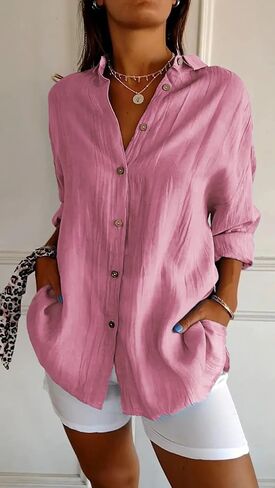 Women Shirt Classic Pleated Textured Single-Breasted Lapel Long Sleeve Blouse Work Tops in Kuwait