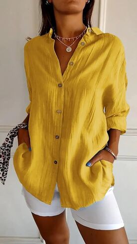 Women Shirt Classic Pleated Textured Single-Breasted Lapel Long Sleeve Blouse Work Tops in Kuwait