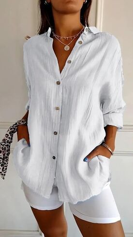 Women Shirt Classic Pleated Textured Single-Breasted Lapel Long Sleeve Blouse Work Tops in Kuwait