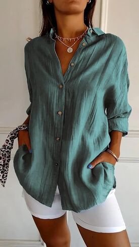 Women Shirt Classic Pleated Textured Single-Breasted Lapel Long Sleeve Blouse Work Tops in Kuwait