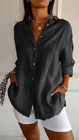 Women Shirt Classic Pleated Textured Single-Breasted Lapel Long Sleeve Blouse Work Tops in Kuwait