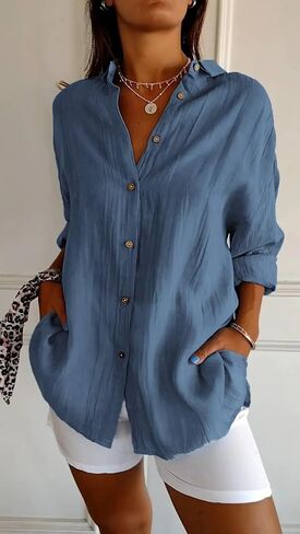 Women Shirt Classic Pleated Textured Single-Breasted Lapel Long Sleeve Blouse Work Tops in Kuwait