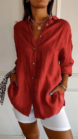 Women Shirt Classic Pleated Textured Single-Breasted Lapel Long Sleeve Blouse Work Tops in Kuwait