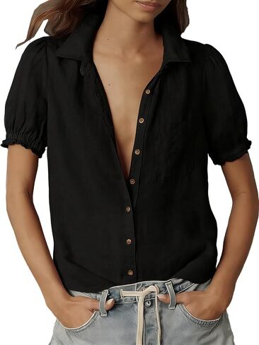 Linen Button Down Shirt Women Puff Short Sleeve Button Up Shirts Cotton Blouses Tops with Pockets in Saudi Arabia