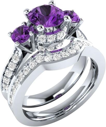 PVN Jewels 925 Sterling Silver Created Purple Amethyst 3-Stone Bridal Engagement Wedding Ring Set Gemstone in Saudi Arabia