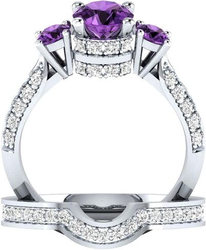 PVN Jewels 925 Sterling Silver Created Purple Amethyst 3-Stone Bridal Engagement Wedding Ring Set Gemstone in Saudi Arabia