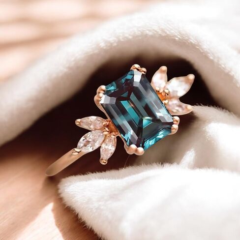 Vintage Alexandrite Engagement Ring 4ct Emerald Cut 14K Rose Gold Cluster Bridal Set with Moissanite Accents, Art Deco Wedding Ring & Women Jewelry for Women, Unique Bridal Jewelry Gift in Kuwait