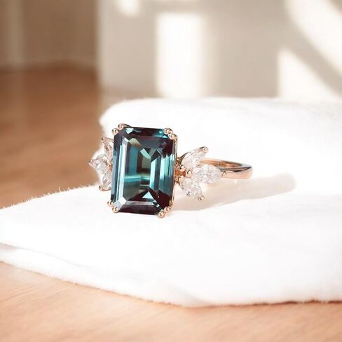 Vintage Alexandrite Engagement Ring 4ct Emerald Cut 14K Rose Gold Cluster Bridal Set with Moissanite Accents, Art Deco Wedding Ring & Women Jewelry for Women, Unique Bridal Jewelry Gift in Kuwait