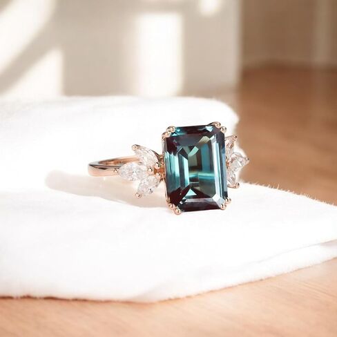 Vintage Alexandrite Engagement Ring 4ct Emerald Cut 14K Rose Gold Cluster Bridal Set with Moissanite Accents, Art Deco Wedding Ring & Women Jewelry for Women, Unique Bridal Jewelry Gift in Kuwait