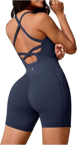 WDIRARA Women's Workout Romper Crisscross Backless Tummy Control Athletic Gym Shorts Jumpsuit with Pocket in Kuwait