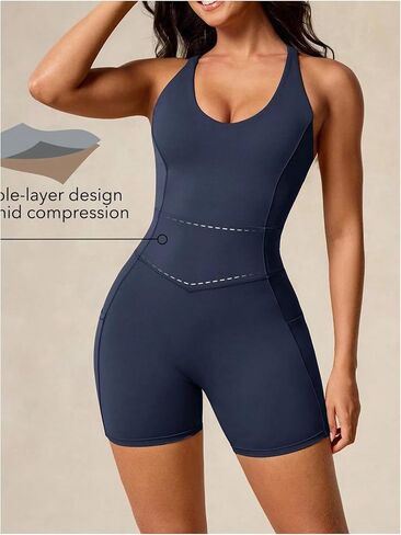 WDIRARA Women's Workout Romper Crisscross Backless Tummy Control Athletic Gym Shorts Jumpsuit with Pocket in Kuwait
