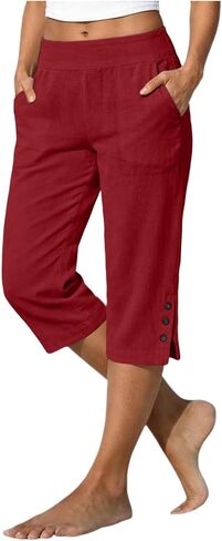 Cotton Linen Capri Pants for Women Split Hem Bermuda Shorts Knee Length Elastic Waist Summer Beach Long Shorts in Saudi Arabia