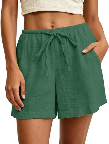 Linen Shorts for Women Cotton Elastic High Waisted with Pockets Drawstring Wide Leg Casual Summer Beach Short Pants in Kuwait