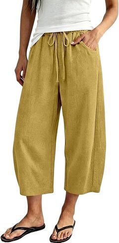Barrel Pants Women Linen Capri Pant Cropped Drawstring Wide Leg Cotton Capris 2026 Casual Summer Boho Baggy Trouser in Saudi Arabia