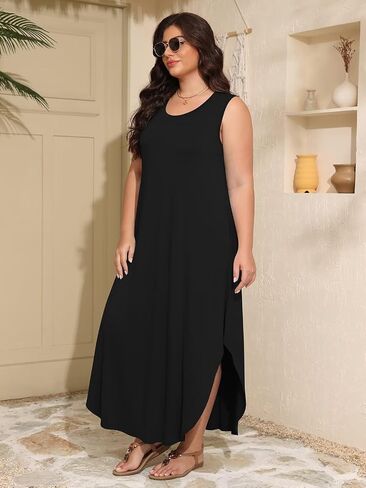 BELAROI Womens Plus Size Maxi Dress Sundress Summer Casual Sleeveless Scoop Neck Pockets Beach Swimsuit Coverup Loose Outfits in Kuwait