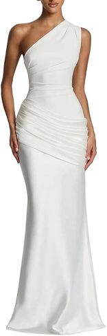 Women Satin One Shoulder Ruched Sleeveless High Waist Elegant Party Gown Maxi Dress in Kuwait