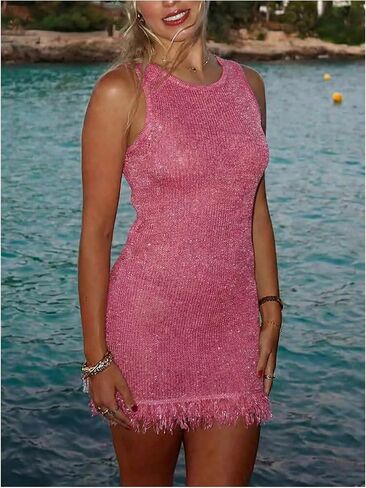 GORGLITTER Women's Sleeveless Fringe Mini Dress Crochet Beach Dress Y2K Sparkly Glitter Knitted Sundress in Kuwait