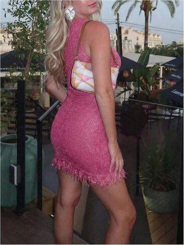 GORGLITTER Women's Sleeveless Fringe Mini Dress Crochet Beach Dress Y2K Sparkly Glitter Knitted Sundress in Kuwait