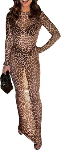 GORGLITTER Women's Cheetah Print Boho Maxi Dress Long Sleeve Sheer Mesh Sexy Cocktail Wedding Long Dresses in Saudi Arabia