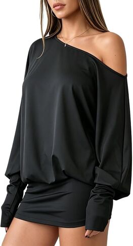 Vimagcal Women's Off The Shoulder Long Sleeve Mini Dress - Y2K Streetwear Bodycon Party Dress with Thumb Holes in Kuwait