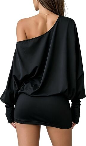 Vimagcal Women's Off The Shoulder Long Sleeve Mini Dress - Y2K Streetwear Bodycon Party Dress with Thumb Holes in Kuwait
