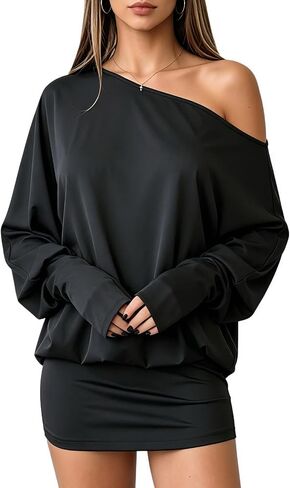 Vimagcal Women's Off The Shoulder Long Sleeve Mini Dress - Y2K Streetwear Bodycon Party Dress with Thumb Holes in Kuwait