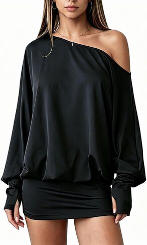 Vimagcal Women's Off The Shoulder Long Sleeve Mini Dress - Y2K Streetwear Bodycon Party Dress with Thumb Holes in Kuwait