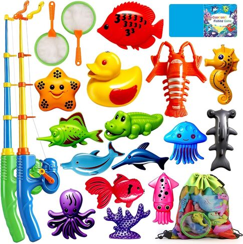 CozyBomB™ Magnetic Fishing Toys Game Set for Kids | Water Table Bathtub Kiddie Pool Party & Pole Rod Net, Plastic Floating Fish Toddler Color Ocean Sea Animals Birthday Age 3 4 5 6 Year in Kuwait