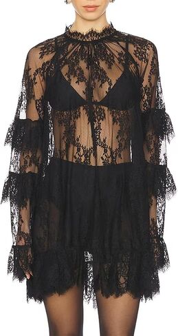 Women Lace Floral Sheer Mini Dress Sexy See Through Long Sleeve Dress High Neck Loose Ruffle Dresses Beach Cover Up in Saudi Arabia