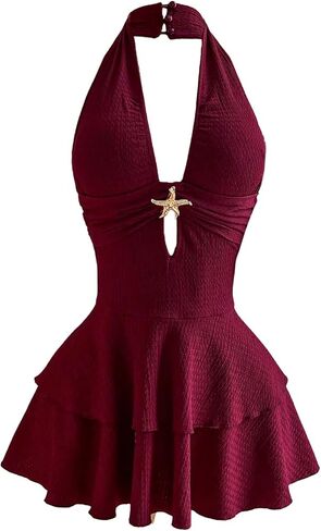 BEAUDRM Women's Summer Drop Waist Dress Starfish Backless Mini Dress Halter Ruffle Cute Vacation Sundresses Brunch Outfits in Kuwait