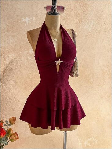 BEAUDRM Women's Summer Drop Waist Dress Starfish Backless Mini Dress Halter Ruffle Cute Vacation Sundresses Brunch Outfits in Kuwait