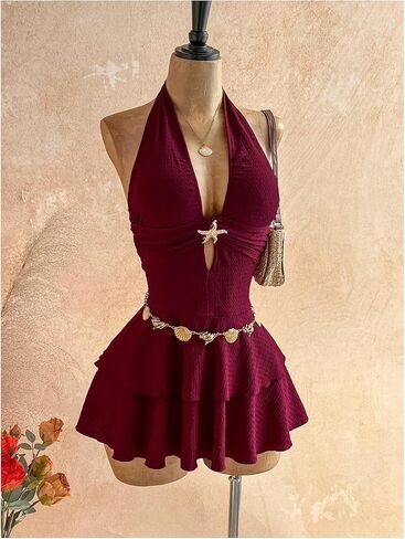 BEAUDRM Women's Summer Drop Waist Dress Starfish Backless Mini Dress Halter Ruffle Cute Vacation Sundresses Brunch Outfits in Kuwait