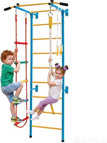 GLACER 5 in 1 Rope Ladder, Indoor Baby Swedish Ladder Wall Gym Kids with Pull-up Bar, Monkey Bars, Climbing Rope and Gymnastic Rings, Solid Wall Set up, Gift for Kids Aged 3 Year Old + in Saudi Arabia