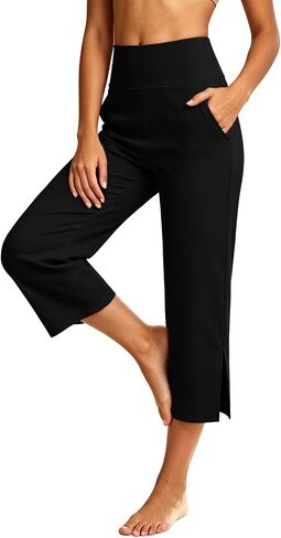 Capri Yoga Pants for Women Stretchy Business Casual Capris Summer | High Waisted Tummy Control Stretchy Business Casual Pants with Pockets Wide Leg for Yoga,Workout,Work,Office,Lounge in Kuwait