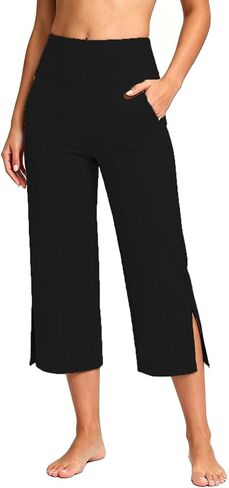 Capri Yoga Pants for Women Stretchy Business Casual Capris Summer | High Waisted Tummy Control Stretchy Business Casual Pants with Pockets Wide Leg for Yoga,Workout,Work,Office,Lounge in Kuwait
