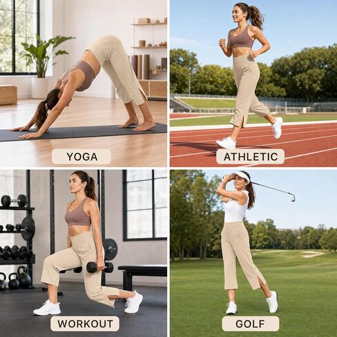 Capri Yoga Pants for Women Stretchy Business Casual Capris Summer | High Waisted Tummy Control Stretchy Business Casual Pants with Pockets Wide Leg for Yoga,Workout,Work,Office,Lounge in Kuwait
