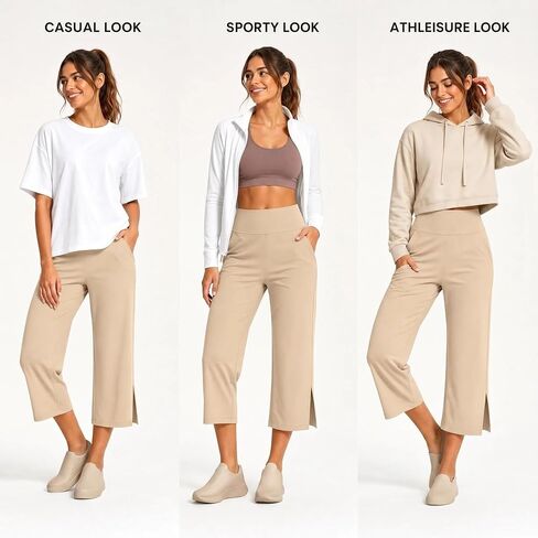 Capri Yoga Pants for Women Stretchy Business Casual Capris Summer | High Waisted Tummy Control Stretchy Business Casual Pants with Pockets Wide Leg for Yoga,Workout,Work,Office,Lounge in Kuwait