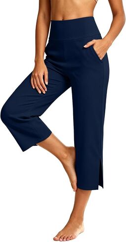 Capri Yoga Pants for Women Stretchy Business Casual Capris Summer | High Waisted Tummy Control Stretchy Business Casual Pants with Pockets Wide Leg for Yoga,Workout,Work,Office,Lounge in Saudi Arabia