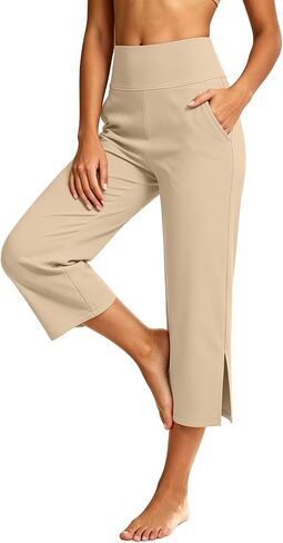 Capri Yoga Pants for Women Stretchy Business Casual Capris Summer | High Waisted Tummy Control Stretchy Business Casual Pants with Pockets Wide Leg for Yoga,Workout,Work,Office,Lounge in Kuwait