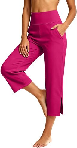 Capri Yoga Pants for Women Stretchy Business Casual Capris Summer | High Waisted Tummy Control Stretchy Business Casual Pants with Pockets Wide Leg for Yoga,Workout,Work,Office,Lounge in Kuwait