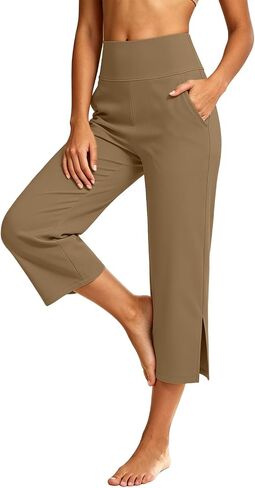 Capri Yoga Pants for Women Stretchy Business Casual Capris Summer | High Waisted Tummy Control Stretchy Business Casual Pants with Pockets Wide Leg for Yoga,Workout,Work,Office,Lounge in Kuwait