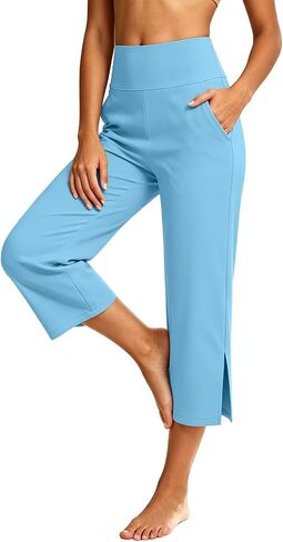 Capri Yoga Pants for Women Stretchy Business Casual Capris Summer | High Waisted Tummy Control Stretchy Business Casual Pants with Pockets Wide Leg for Yoga,Workout,Work,Office,Lounge in Kuwait
